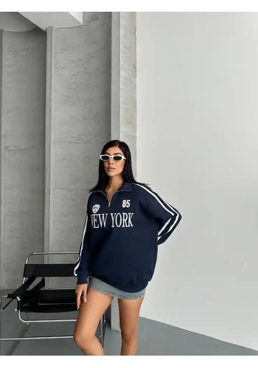 Yarım Fermuarlı Newyork Yazılı Sweat Lacivert