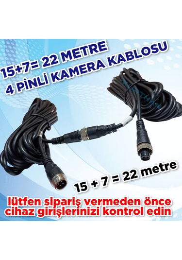 22 Metre 15 + 7 4 Pinli Ticari Araç Kamera Kablosu 12-24 Volt