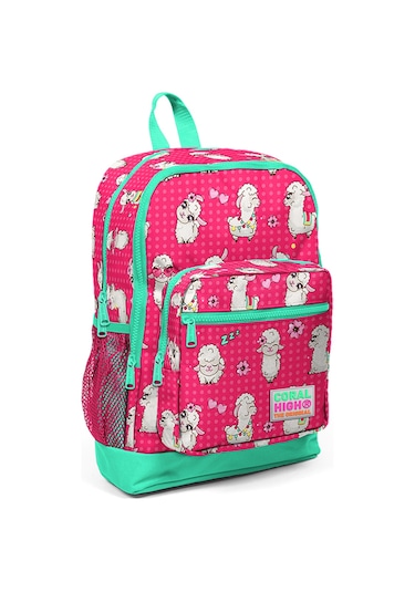 Coral High Kids Neon Mercan Su Yeşili Alpaka Desenli Dört Bölmeli Okul Sırt Çantası 23466