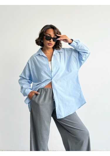 Kadın Oversize Uzun Basic Gömlek Mavi