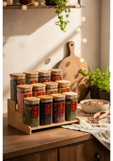 Snippy Lunver - 12'li Ahşap Standlı Vakumlu Etiketli Akrilik Saklama Kabı Baharatlık Seti 350 Ml Ahşap