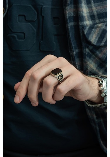 Yüzük Sanatı Oniks Taşlı Harfli 925 Gümüş Erkek Yüzük