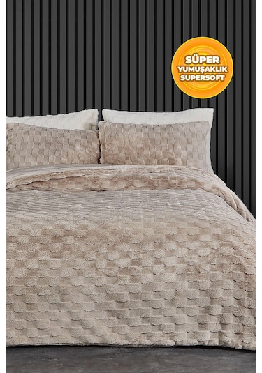Kürk Yatak Örtüsü Yorgan Uyku Seti Tek Kişilik Çarşaflı Peluş Yumuşak Dolgulu Rody 3 Parça Bej