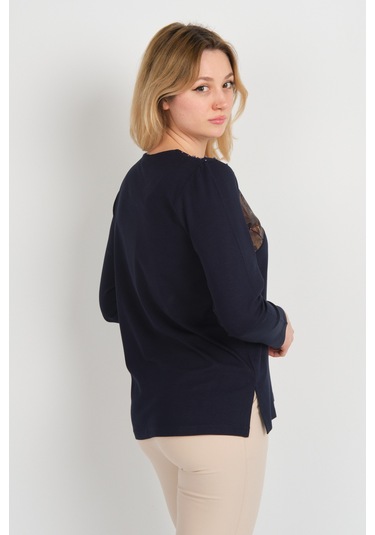 Detay Triko Kadın Boncuk İşlemeli Parlak Desenli Uzun Kol Anne Bluz 5744 Lacivert Lacivert