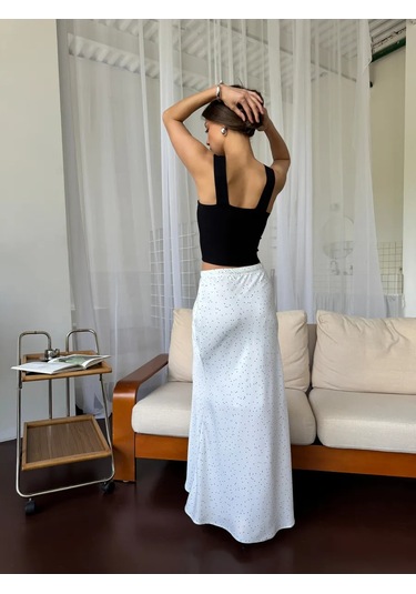 Molmol Vücut Lastikli, Astarlı, Puantiyeli Maxi Saten Etek 356951793 Beyaz