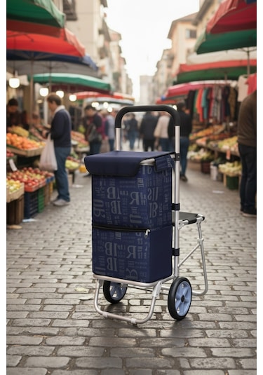 Morponi Katlanabilir Oturaklı Alüminyum Gövdeli Pazar Arabası Sessiz Tekerlek, Fermuarlı Çanta