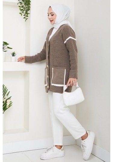 İlge Düğmeli Triko Hırka 1597 - Açık Kahve Sütlü Kahve