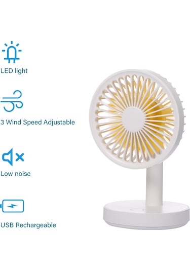 Ranyeek Usb Şarjlı Fantezi: 3 Hızlı, Led Işıklı, Açı Ayarlanabilir, Pil Dahil, Taşınabilir Soğutucu - Beyaz