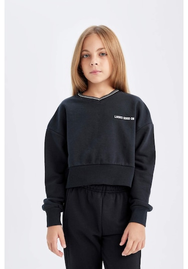 Defacto Kız Çocuk 2'li Takım Baskılı Bisiklet Yaka Sweatshirt Beli Lastikli Jogger Eşofman Altı D4054A824WNBK26 Siyah