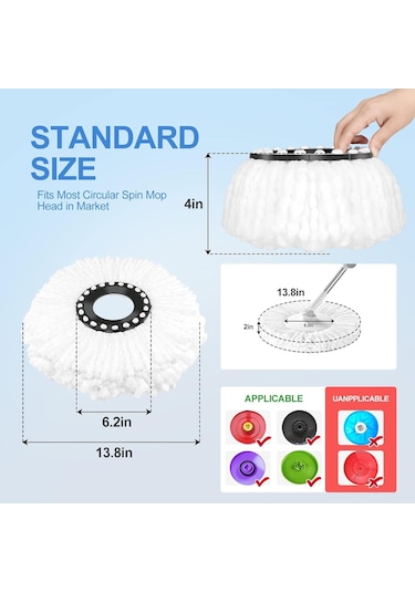 Mufunye 3 Adet 16cm Mikrofiber Döner Mop Ucu - 360 Derece Temizleme, Tüm Yüzeyler İçin, Yıkama Uygun Değiştirme Başlığı Beyaz