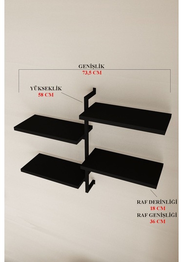 Aju 4 Katlı Duvar Rafı Metal Çerçeveli Dekoratif Kitaplık Ve Raf Ünitesi Modern Ve Minimalistt Siyah