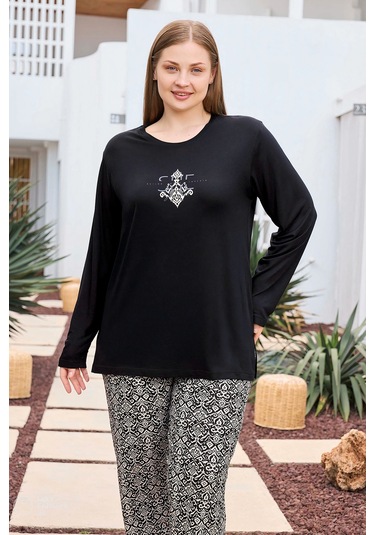 Aydoğan Kadın İnci Büyük Beden She Is Me Siyah Pijama Takımı 0492 Siyah