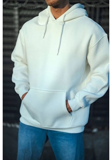 Mbb E-ticaret Erkek 3 İplik Pamuklu Kapüşonlu Basic Sweatshirt Hoodie - Beyaz