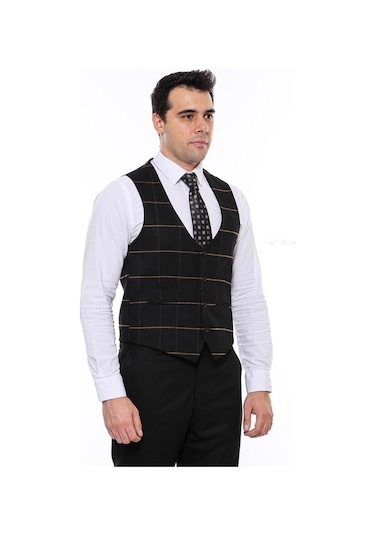 Wessi Ekoseli Siyah V Yakalı Yelek 001