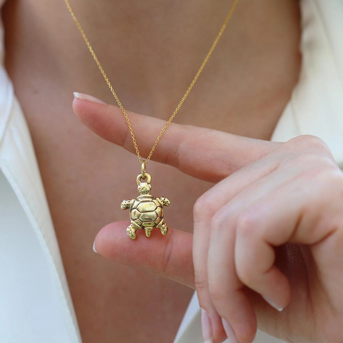 Kaplumbağa Bombeli Gold Gümüş Kolye Gümüş