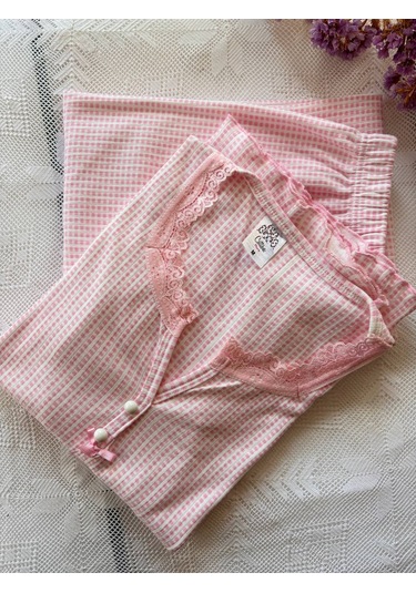 Dantel Yaka Detaylı Pamuklu Penye Kumaş Pijama Takımı Açık Pembe