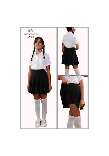 Kız Çocuk Okul Etek Siyah Yüksek Bel Içi Şortlu Okul-oyun-spor- 23 Nisan Etkinlik Eteği Siyah