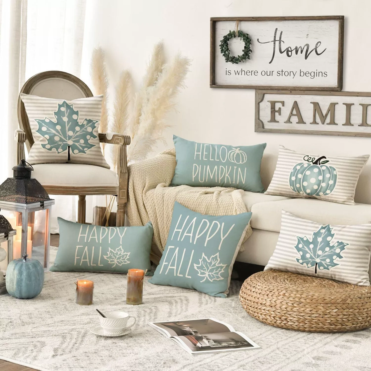 Hombey Kışlık Balkabağı Akçaağaç Yaprağı Desenli聚酯材质 Yastık Kılıfı, 2 Adet Paket, Otomobil Ve Koltuk Dekorasyonu Mavi