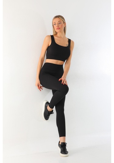 Kallima Siyah Toparlayıcı Yüksek Bel Fitilli Spor Tayt-crop Takım