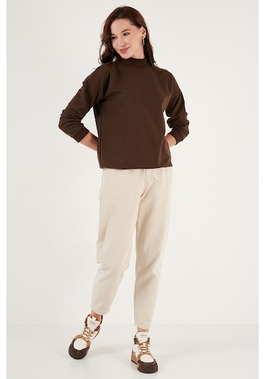 Lela Pamuklu Dik Yaka Basic Örme Bayan Sweat 5863323 Kahve