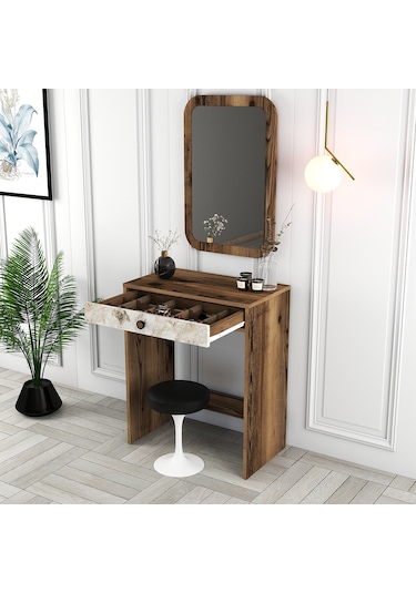 Lizbon Mini Makyaj Masası Aynalı - Ceviz / Beyaz Mermer