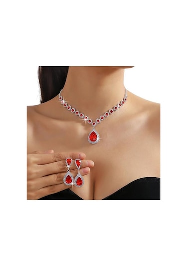 Kırmızı 2 Adet/takım Kadınlar Düğün Takısı Seti Su Damlası Şekli Parlayan Sahte Kristal Gerdanlık Kolye Dangle Küpe Seti Kırmızı