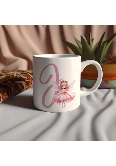 J Harfi Pembe Peri Kızı Figürlü Kupa Bardak Masalsı Çay Kahve Kupası - Kişiye Özel Hediye Beyaz