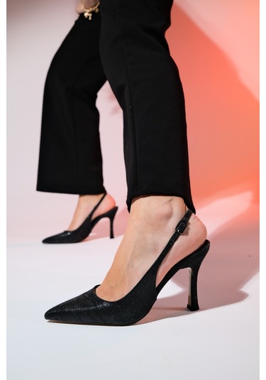 Luvishoes Andes Siyah Çizgili Kadın Sivri Burun Arkası Açık Yüksek Topuklu Ayakkabı Siyah