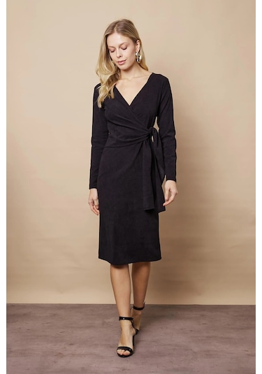 Kadın Kadife Kumaş Kruvaze Anvelop Bağcıklı Uzun Kol Diz Altı Elbise-siyah Siyah
