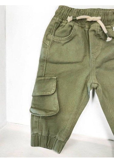 Erkek Bebek Kargo Cepli Beli Paçası Lastikli Dokuma Pantolon-14877 Yeşil