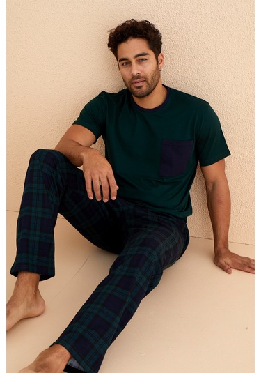 Kutulu- Premium Pamuklu Kısa Kollu Erkek Pijama Takımı- Ekose Babalar Günü Hediyesi Yesil