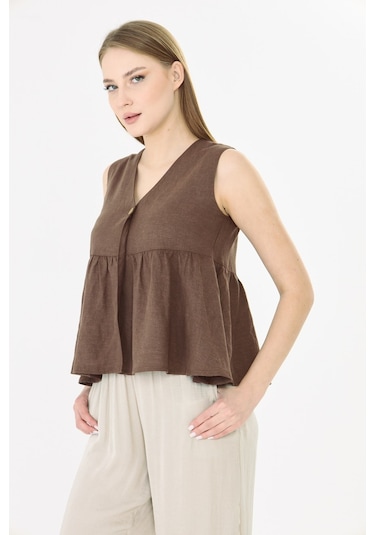 Sortie Collection V Yaka Tek Düğmeli Peplum Kahverengi Keten Bluz