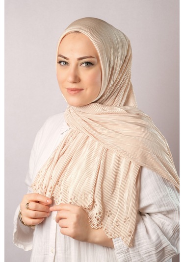 Bej Pratik Hazır Geçmeli Tesettür Eşarp Fukuro Piliseli Çiçek Desenli Lazer Kesim 1819 12