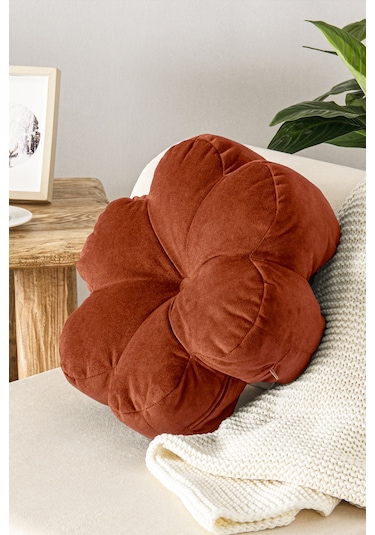 Papatya Bloom Dekoratif Kadife Kırlent-kiremit - 40x40 Cm Kiremit