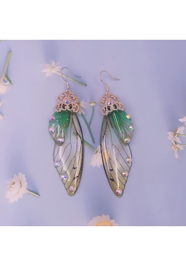 Wezone Şık Ve Zarif Kelebek Kanatlı Gelin Küpeleri - Altın Mavi Elmas Detaylı Gold