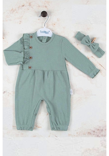 Düğme Detaylı Bandanalı % 100 Pamuk Kız Bebek Tulumuu Yeşil