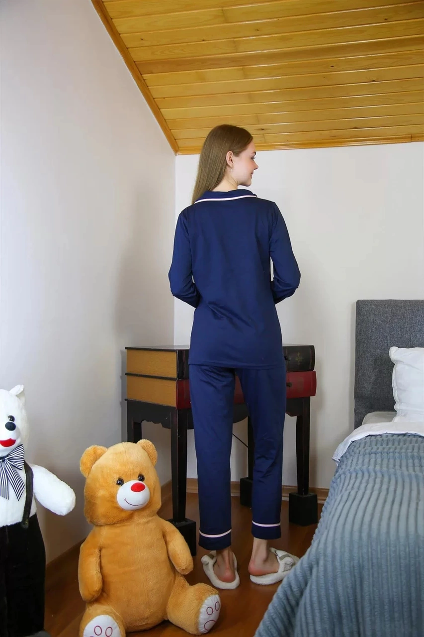 Moda Kadın %100 Pamuk Penye Önden Düğmeli Uzun Kol Pijama Takım Lacivert Lacivert