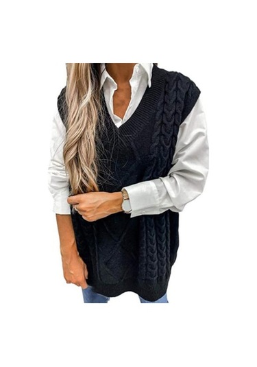 Saf Renk Kolsuz Kazak Yelek Sıcak Trendy Büküm Örme Kadın Yelek Günlük Giyim İçin Siyah