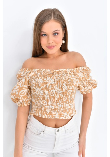 Kadın Çiçek Desenli Gipe Detay Balon Kol Crop Bluz CAMEL