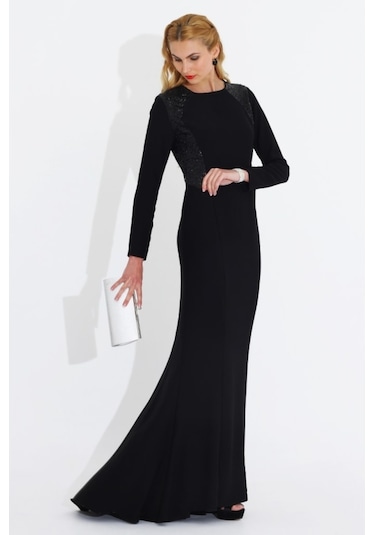 Nidya Moda Büyük Beden Payet Elbise Uzun-4048Ps Siyah