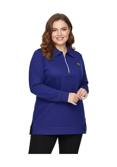 Caftan Kadın Polo Yakalı Önü Fermuarlı Bluz Bgl-st05088 İndigo