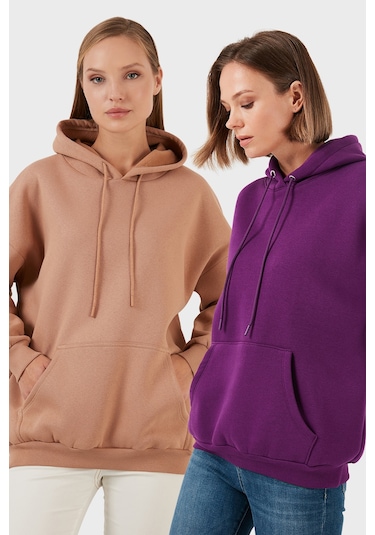Lela Regular Fit Pamuklu Kapüşonlu Yaka Şardonlu Kışlık 2'Li Paket Bayan Sweat 5863854S2 Bisküvi-Mor