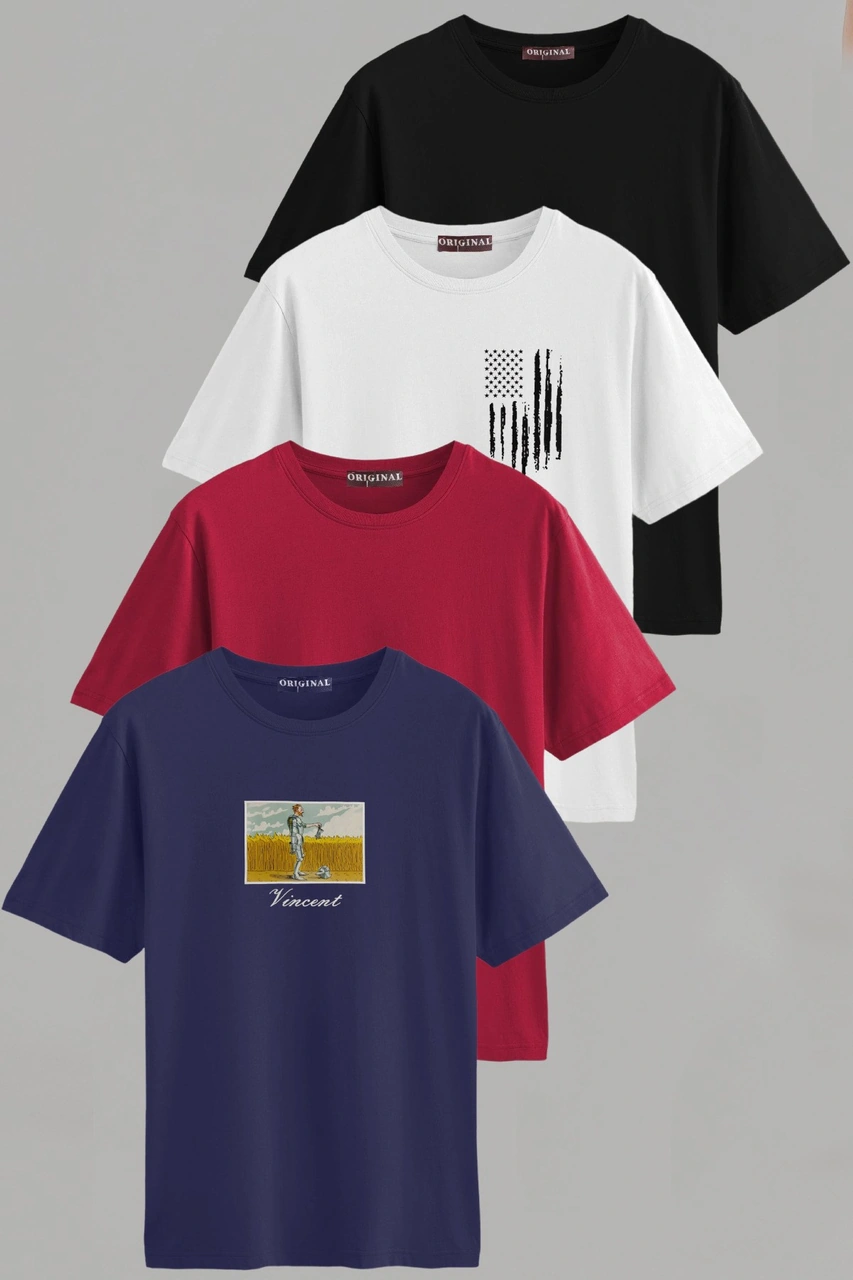 Erkek Desenli-düz Karışık Slim Fit Bisiklet Yaka Pamuk Elastan 4'lü Basic Tişört Vk-erkektişört-desendüz-4lü