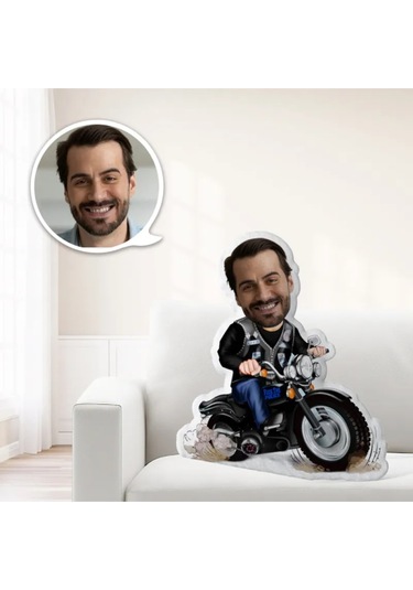Kişiye Özel Motorcu Erkek Tasarımlı Şekilli Yastık Çok Renkli