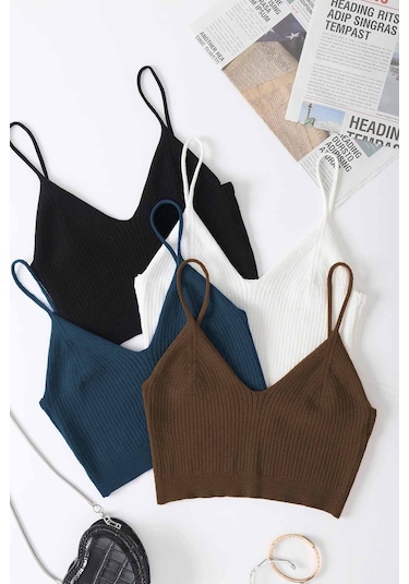 Angelsin Merry See 4 Lü Paket Askılı Bluz Crop Çok Renkli