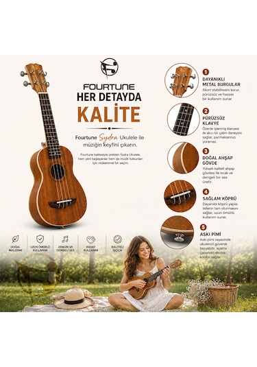 Fourtune Sydra Uks-21m Soprano Ukulele Maun Ağacı Profesyonel Ukulele Seti