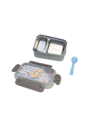 Küçük Ayı Paslanmaz Çelik Bölmeli Çocuk Yemek Seti - Sızdırmaz Gri