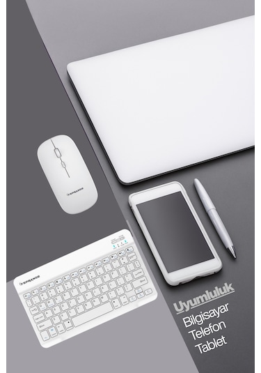 Tablet Ve Telefonlar İçin Bluetooth - Wireless Klavye Ve Mouse Set - Beyaz Diğer