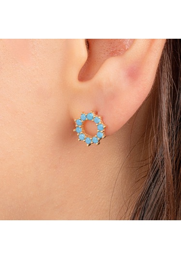 Altın Küpe - 14 Ayar Altın Yuvarlak Firuze Turkuaz Taşlı Küpe Sarı