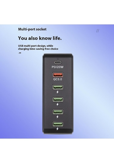 Tongxida 818pd Qc3.0 Pd 20w Hızlı Şarj İstasyonu, 5 Usb + 1 Type-c, Beyaz, Telefon Ve Tablet İçin Beyaz